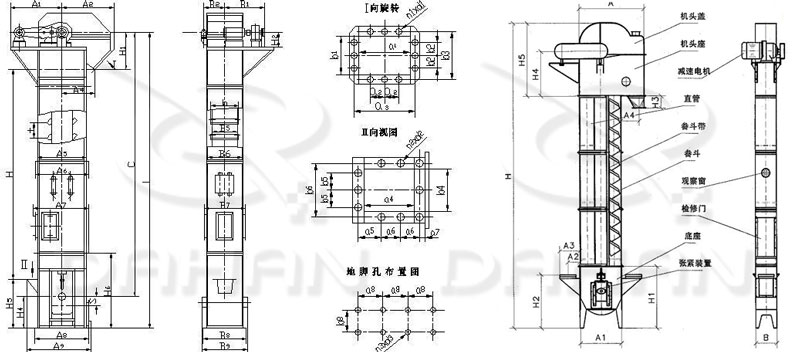 TD/D型鬥式提升機基本結構:機頭蓋，機頭座，減速電機，直管，底座，緊張裝置等。
