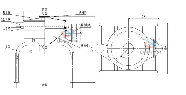 單振源直排篩機構和持續：防塵蓋（mm）：800進料口（mm）：200結構;防塵蓋，大束環，支架，振動電機，進料口等。