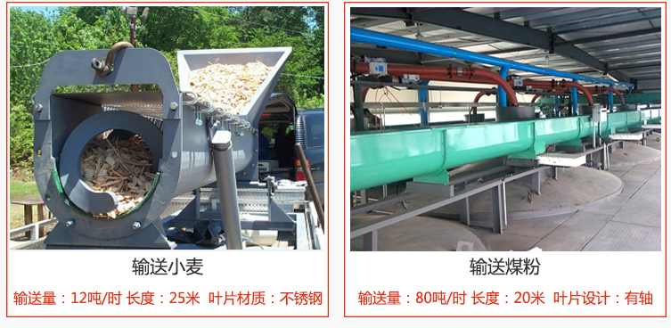 絞龍螺旋輸送機輸送小麥輸送量在12噸/時，長度為25米，葉片采用不鏽鋼材質；輸送水泥輸送量在80噸/時，長度為20米，葉片設計為有軸。