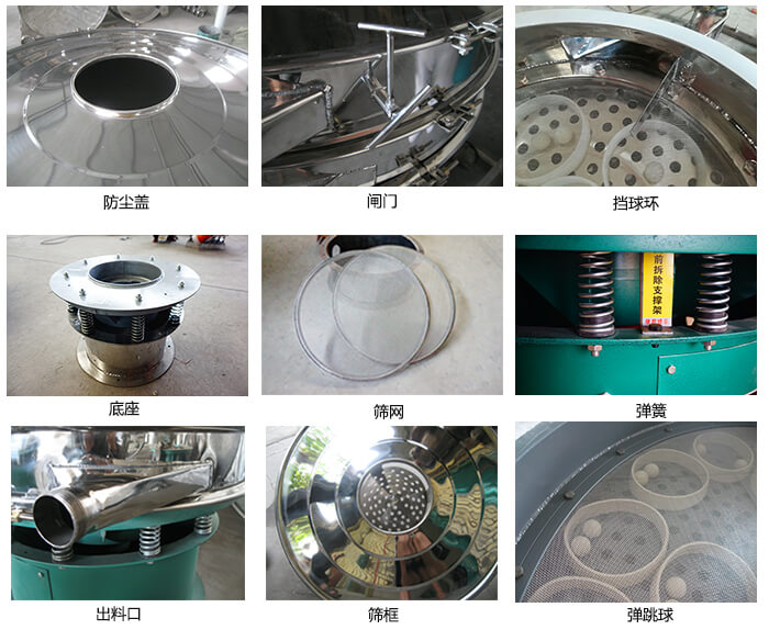直徑600型好色先生网站污細節：網架，料鬥，篩框，擋球環，防塵蓋，閘門，出料口。
