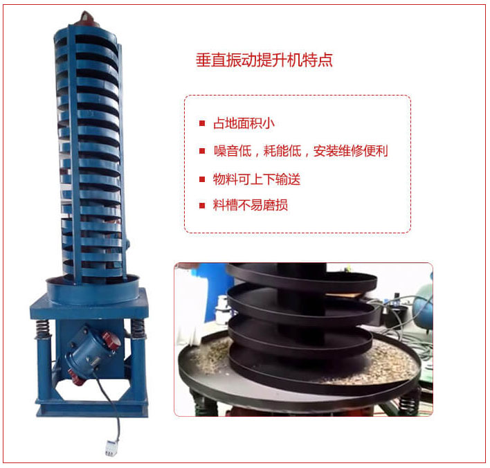 DZC垂直振動提升機主要特點：產品占地麵積小，便於工藝布置。物料殼向上輸送，亦可向下輸送。噪音低，結構簡單，安裝，維修便利。能耗小，節約電能，料槽磨損小。