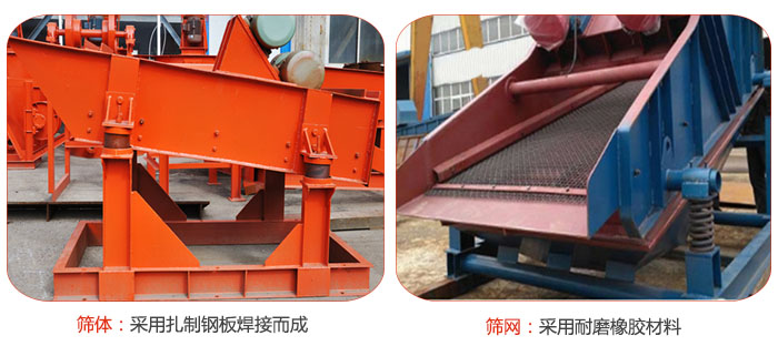 礦用好色先生网站污特點：篩體采用紮製鋼板焊接而成，篩網采用耐磨橡膠材質
