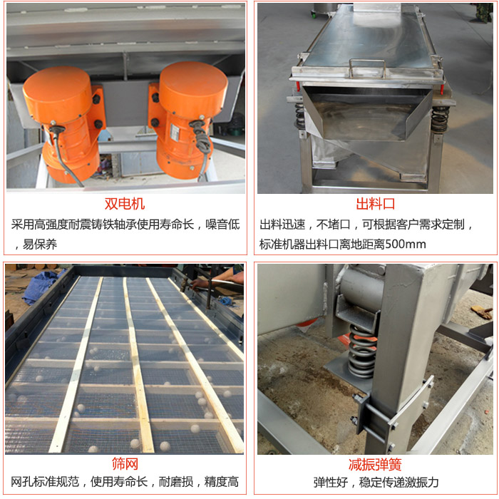 線好色先生网站污配件優勢：雙電機采用高強度耐震鑄鐵軸承使用壽命長，噪音低，易保養，出料口：出料迅速，不堵口，可根據客戶需求定製標準機器出料口離地距離500mm。篩網：網孔標準規範，使用壽命長，耐磨損，精度高。減震彈簧彈性好，穩定傳遞激振力。