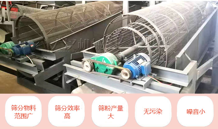 滾筒篩分機主要特點：篩分物料範圍廣，篩分效率高，篩分產量大，無汙染，噪音小。