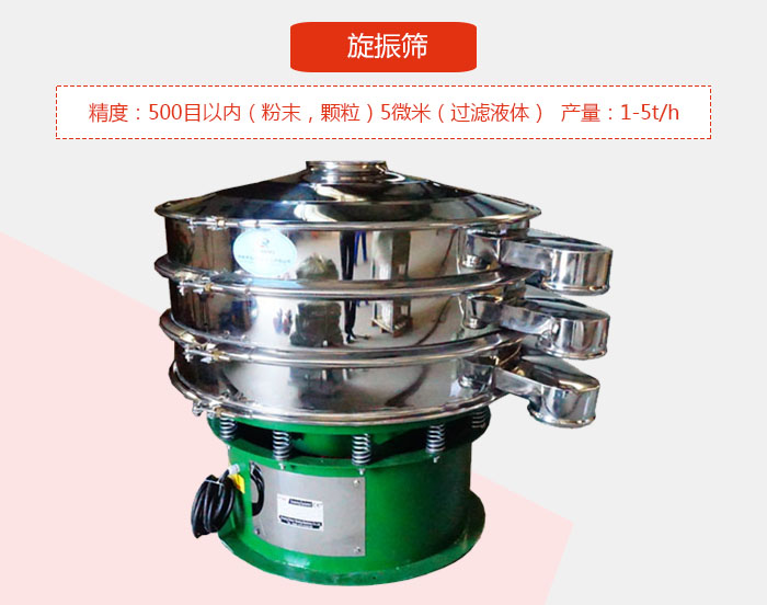 旋振篩精度：500目以內（粉末，顆粒）5微米（過濾液體）產量：1-5t/h