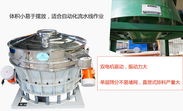 雙電機驅動，振動力大，單層篩分不易堵網，直泄式排料產量大