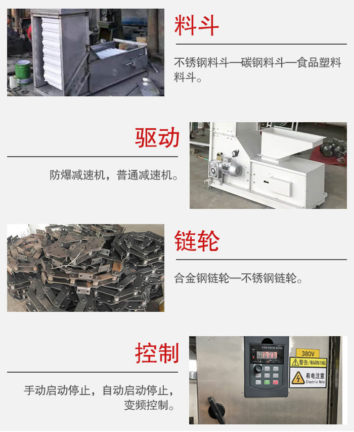 z型鬥式提升機料鬥：不鏽鋼料鬥-碳鋼料鬥-食品塑料料鬥。驅動裝置采用的式防爆減速機，普通減速機兩種。鏈輪采用合金鏈輪-不鏽鋼鏈輪控製器：手動啟動/停止，以及自動啟動停止。