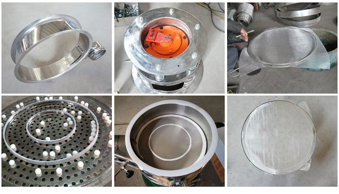 不鏽鋼小型好色先生网站污細節：好色先生网站污篩框，振動電機座，篩網，彈跳球，密封圈，篩網網架。
