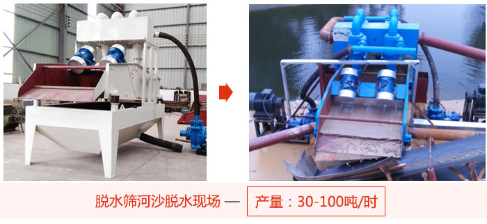 脫水篩河沙脫水現場，產量可達100噸每小時。