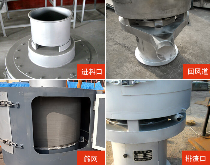 氣流篩分機進料口，回風道，篩網，排渣口。