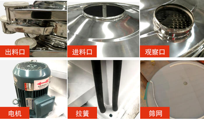 搖擺篩細節展示：出料口，進料口，觀察口，電機，拉簧，篩網等。