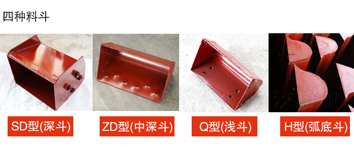 四種料鬥Q型(淺鬥)、H型(弧底鬥)、ZD型(中深鬥)SD型(深鬥)展示圖