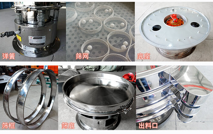 細節展示：篩框，篩網，振動底座，振動體，出料口。